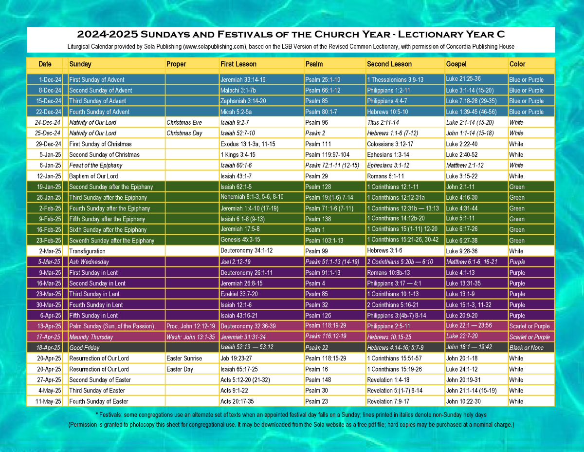 2024-2025 Liturgical Calendar (Year C)